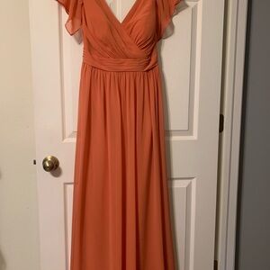 Azazie Orange Ruched Wrap Gown for Wedding Guest